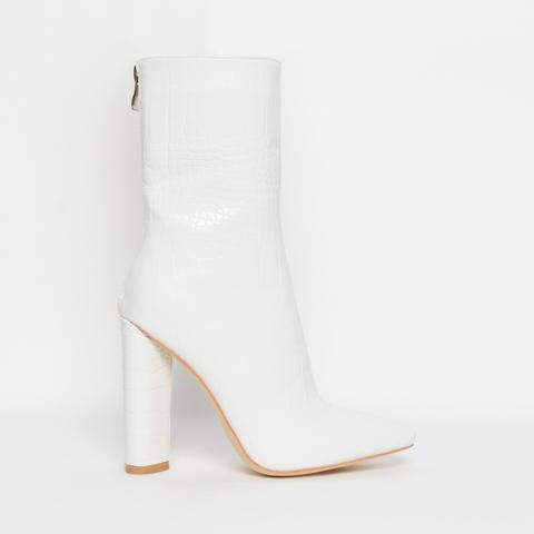 Katy White Croc Print Block Heel Ankle Boots