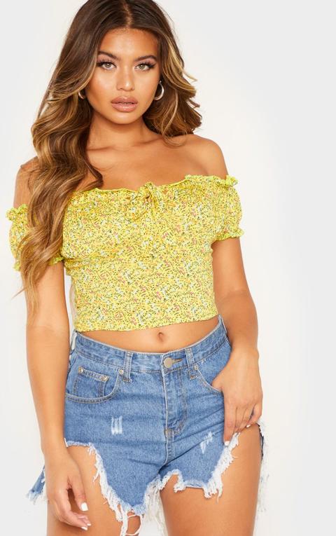 Yellow Ditsy Floral Printed Jersey Bardot Crop Top, Yellow