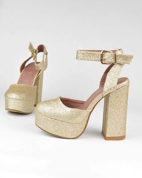 Leila - Ankle Strap Heels In Gold Glitter