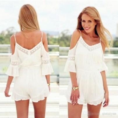 Pantalones Cortos Mono Encajes Off-the-hombro Blanco