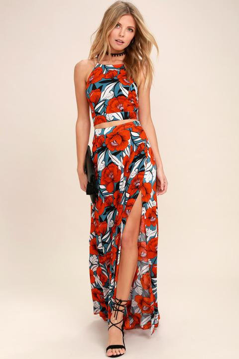 Back To Your Roots Red Floral Print Two-piece Maxi Dress