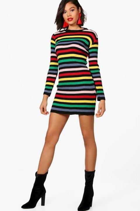 Rib Knit Rainbow Stripe Dress