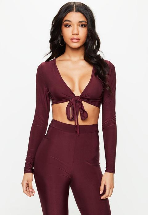 Burgundy Slinky Tie Front Crop Top, Red