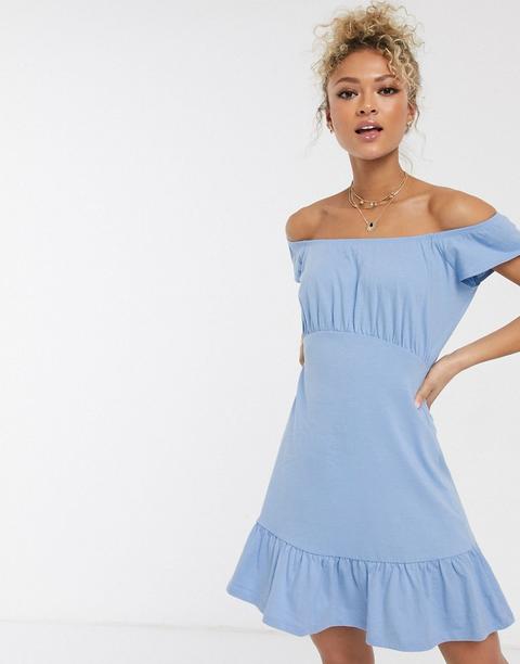 Vestido Veraniego Corto Con Escote Bardot En Cambray De Asos Design-azul