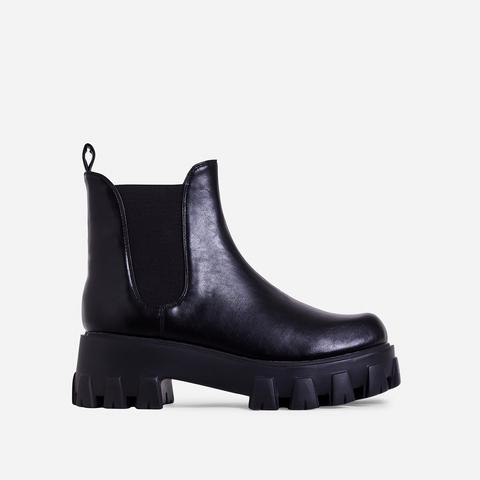 Easton Chunky Sole Ankle Chelsea Biker Boot In Black Faux Leather, Black