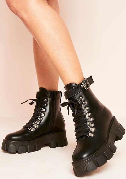 Kelly Black Vegan Leather Lace Up Chunky Boots