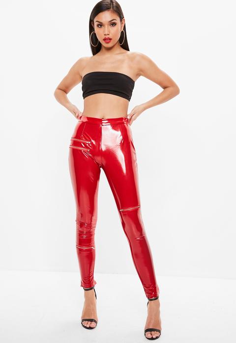 Pantalón Con Cremalleras De Vinilo En Rojo
