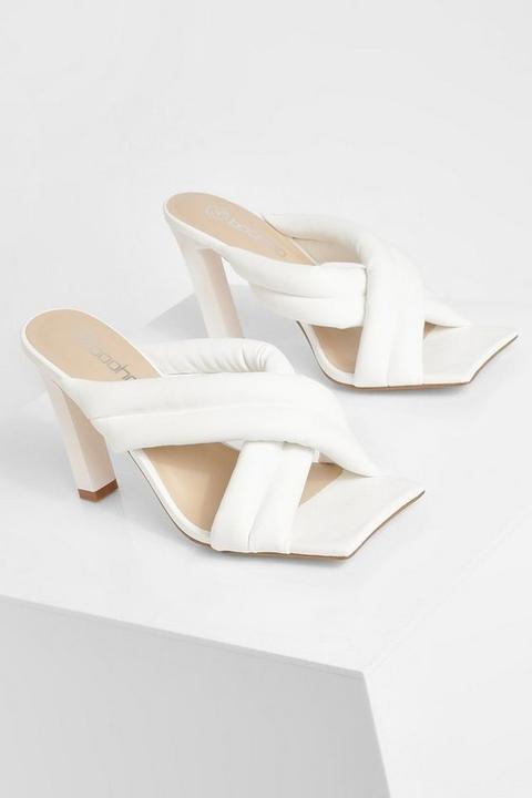 Womens Double Cross Over Heeled Mules - White - 3, White