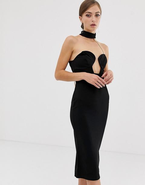 Vestido Midi Ajustado Con Escote Palabra De Honor Con Detalle De Cadena En La Parte Posterior De Asos Design-negro