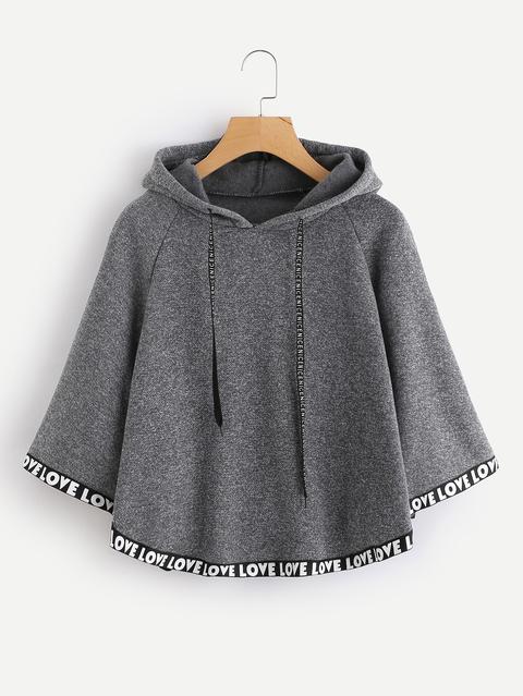 Letter Print Tape Hem Hooded Cape Coat