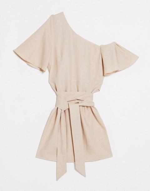 Asos Design - Robe Courte Épaules Tombantes En Lin - Taupe-neutre