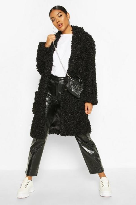 Premium Teddy Faux Fur Longline Coat, Negro