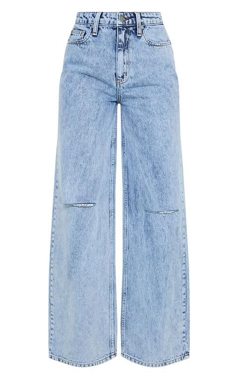 Mid Blue Wash Knee Rip Baggy Wide Leg Jeans