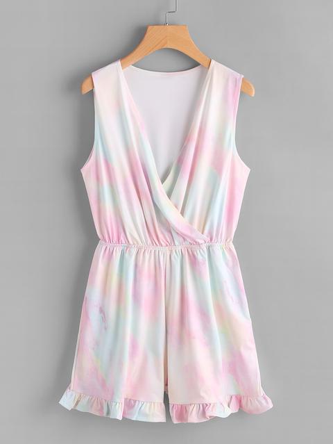 Water Color Surplice Frill Hem Romper