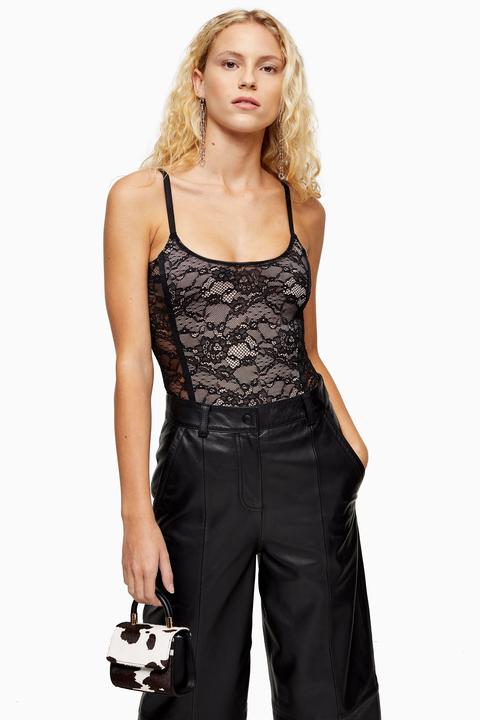 Womens Black Contrast Lace Bodysuit - Black, Black