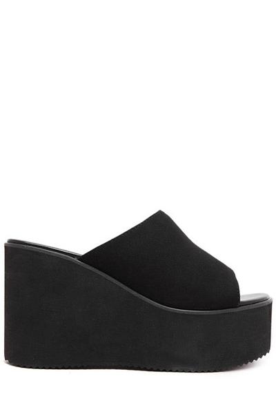 Black Flock Wedge Heel Slippers