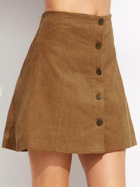 Khaki Corduroy Single Breasted A Line Skirt