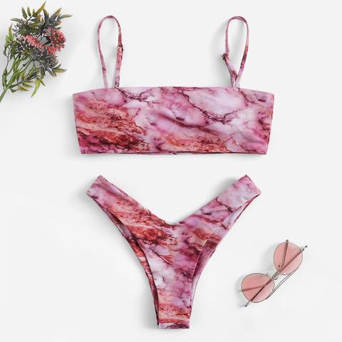 Bandeau Con Estampado De Mármol Con Set De Bikini De Pierna Alta