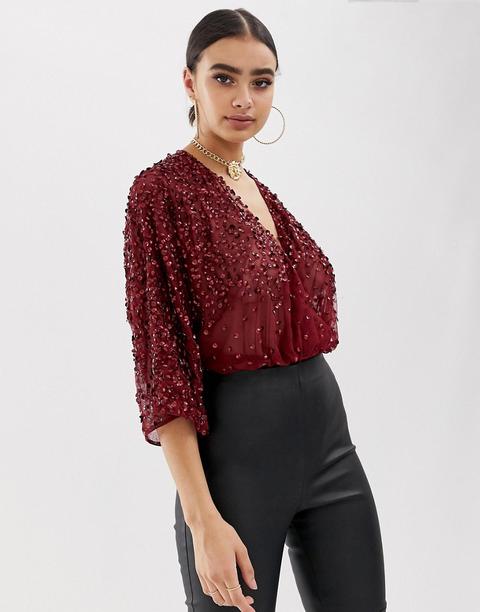 Asos Design Body In Sequin Embellishment With Plunge Wrap And Kimono Sleeve-red