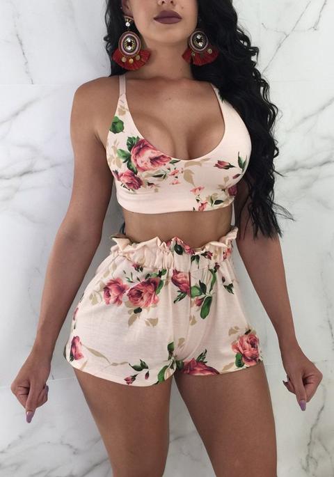 Pantaloncini Tuta Fiori Pieghettati Cravatta Corta Back String A Due Pezzi Bohemien Clubwear Rosa