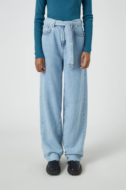 Blue Wide-leg Jeans With Belt