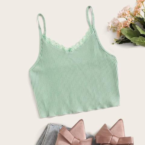 Ribbed Scalloped Lace Cropped Cami Top