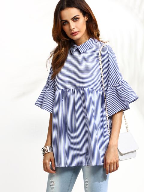 Blue Striped Ruffle Sleeve Babydoll Blouse