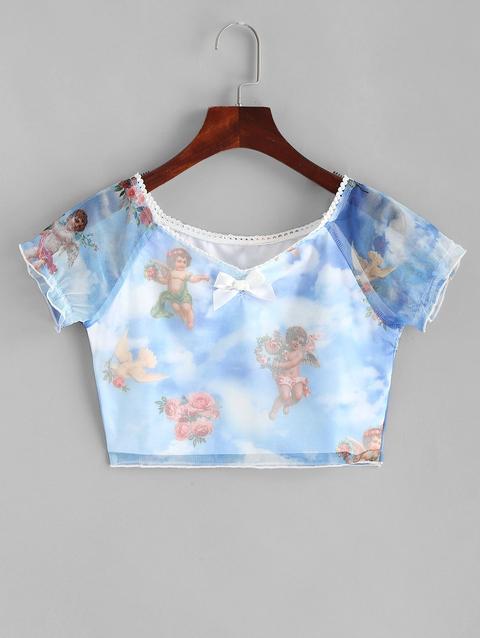 T-shirt Con Motivo Stampa Angel Bowknot Light Sky Blue