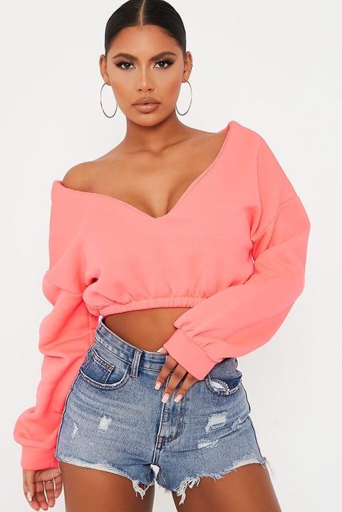 Pink Long Sleeve Off Shoulder Cropped Sweatshirt , Pink