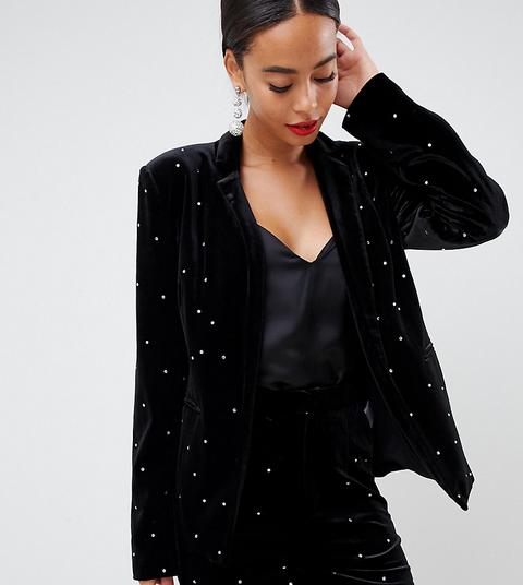 Fashion Union Tall - Blazer In Velluto Con Strass Su Tutto Il Capo In Coordinato - Nero