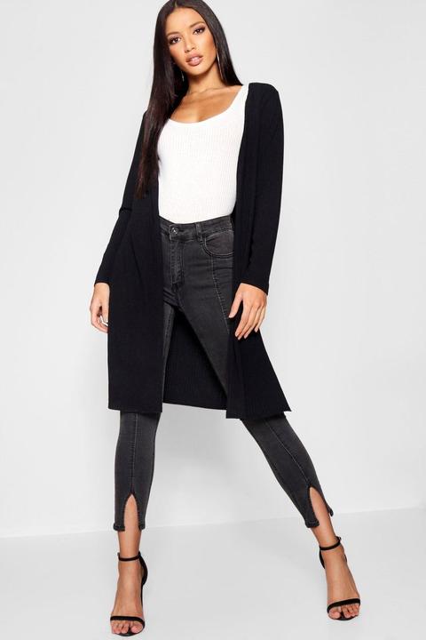 Womens Rib Knit Midi Length Cardigan - Black - M