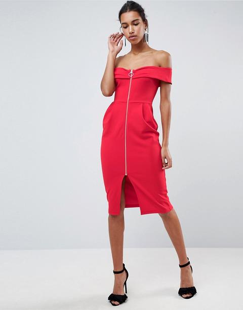 Vestido Midi Con Cremallera Y Escote Bardot De Asos-rojo