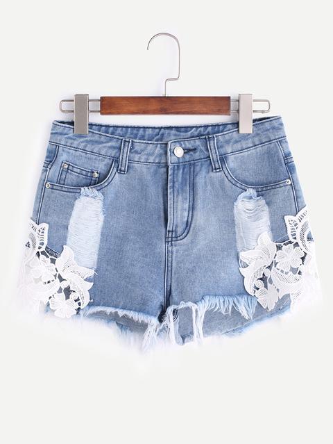 Shorts En Denim Con Parche De Encaje - Azul