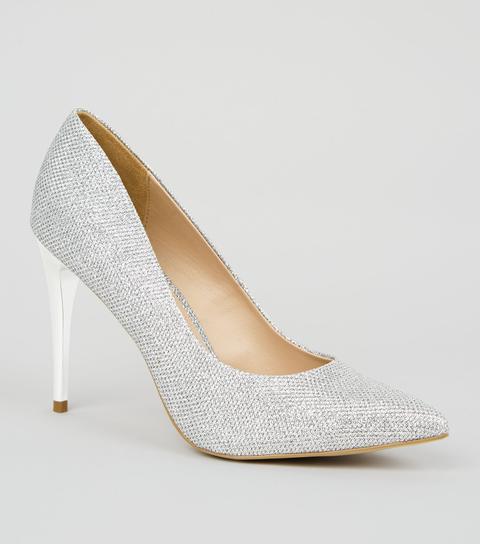 Silver Glitter Stiletto Court Shoes New 