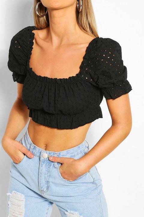 Crop Top Brodé À Encolure Carrée - Noir - 42, Noir