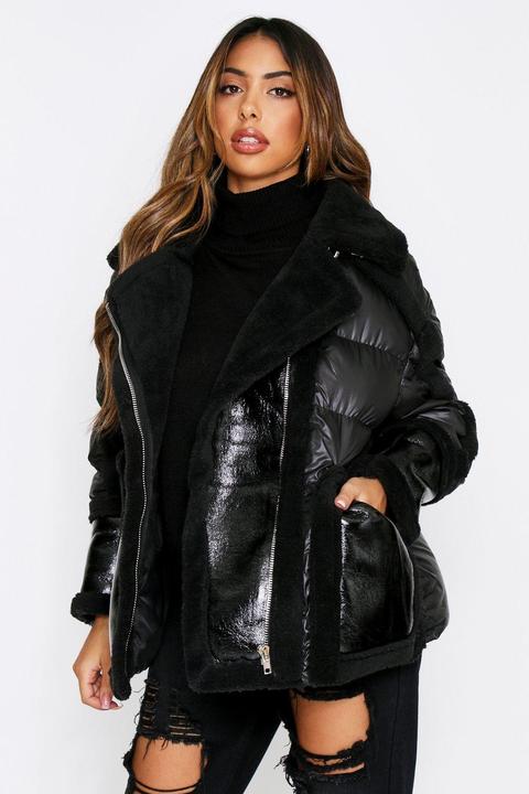 Patent Aviator With Contrast Faux Fur Trim