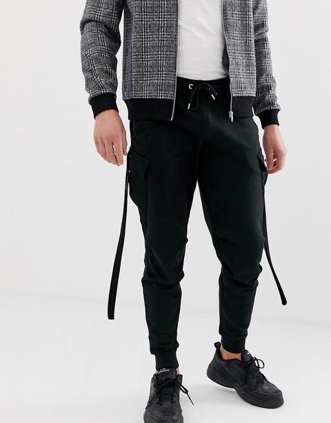 Asos Design Tapered Joggers With Cargo Pockets And Strapping-black