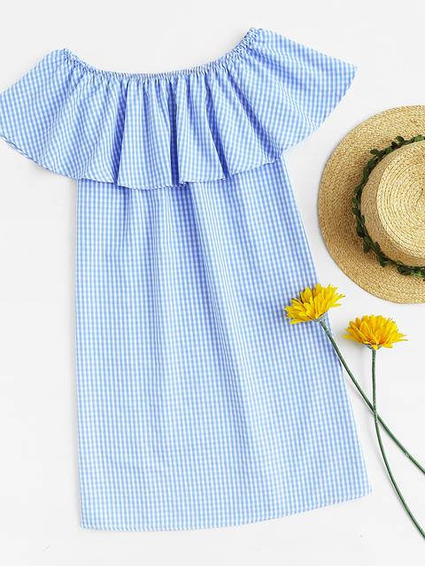 Boat Neckline Layered Gingham Print Dress