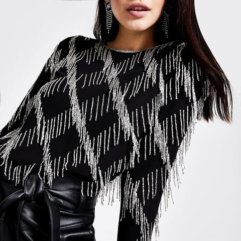 Black Tassel Beaded Long Sleeve Top