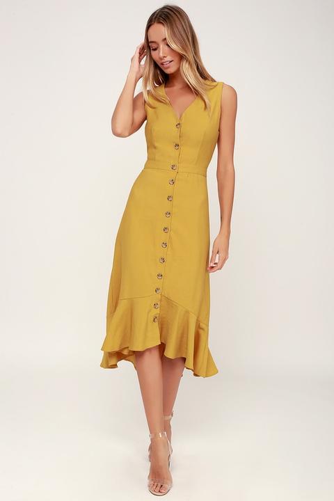 Yellow button front midi 2024 dress