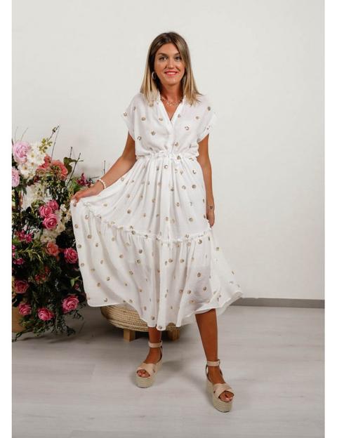 Vestido Midi Blanco Topos Dorados Lentejuelas de The Desire Shop en 21  Buttons