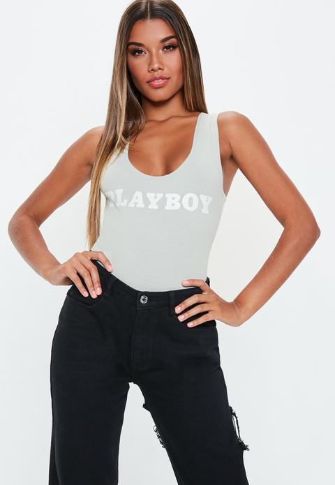 Playboy X Missguided Grey Slogan Thong Bodysuit, Grey