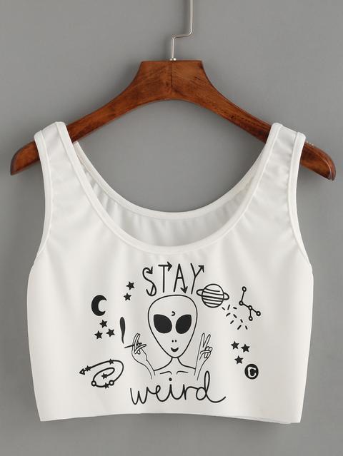 White Alien Print Crop Tank Top