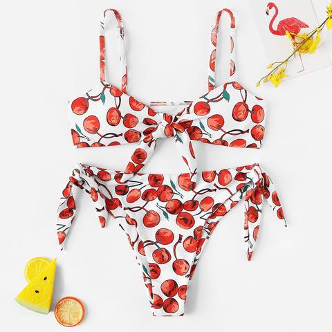 Set De Bikini Con Cordón Lateral Con Estampado De Cereza Al Azar