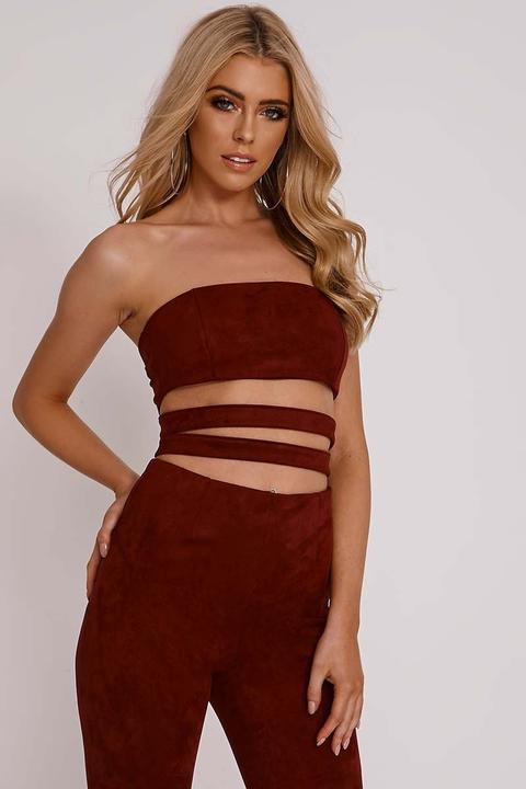 Burgundy Tops - Olivia Attwood Burgundy Faux Suede Bandeau Strap Detail Top