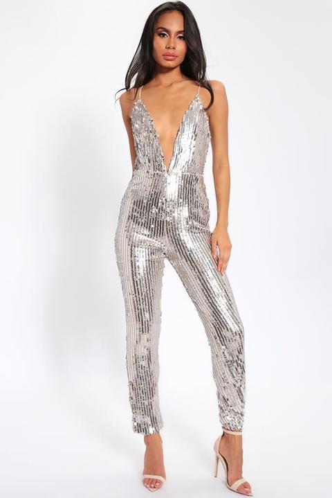 Silver Sequin Plunge Jumpsuit