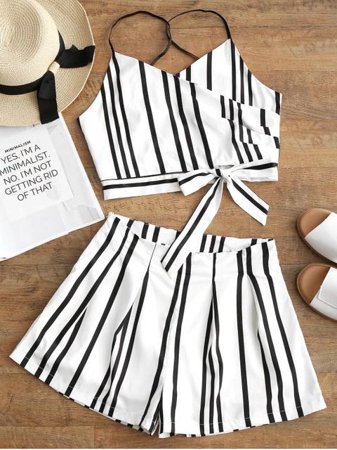 Striped Bowknot Cami Top Y Shorts Set