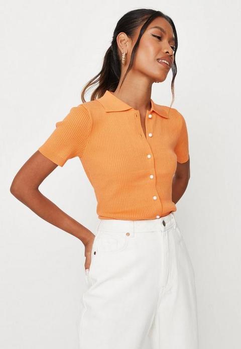 Orange Rib Pearl Button Collared Knit Crop Top, Orange