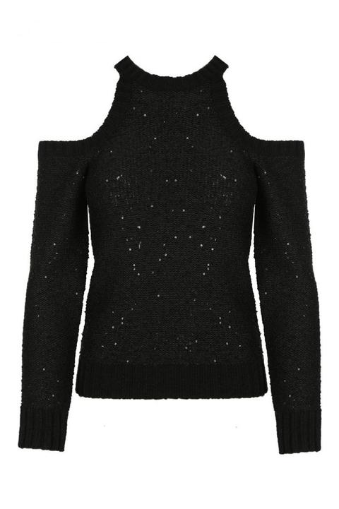 Pullover Nero Con Paillettes E Spalle Nude