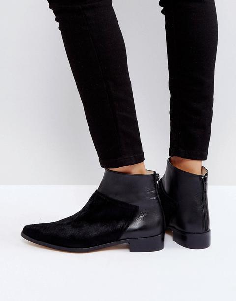 Black Leather Flat Ankle Boots - Black 